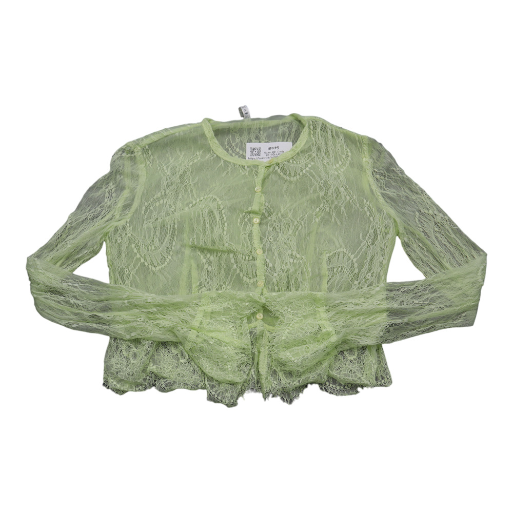 Mur Mur Shirt Womens L Green Sheer Round Neck Button Up Long Bell Sleeve Top